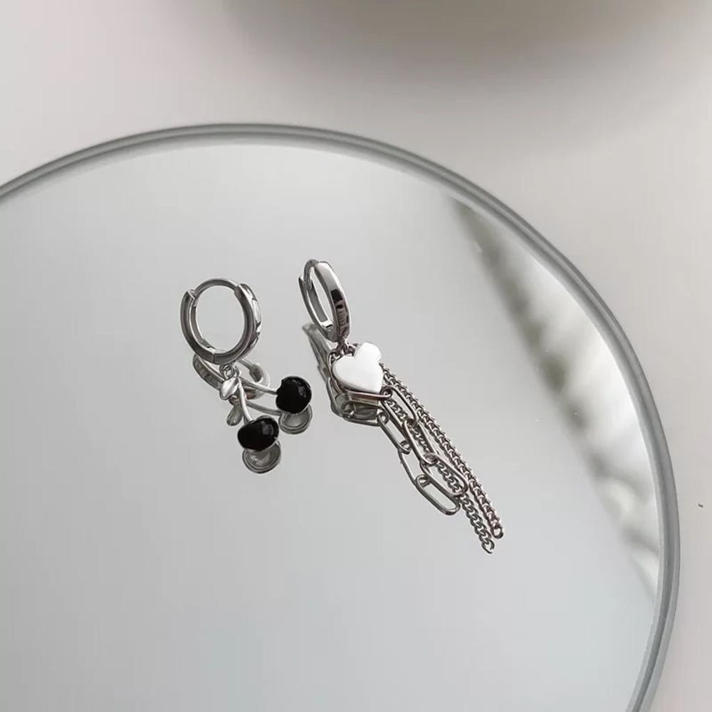 New Sterling Silver 925 Cherry & Heart Chain Hoop Earrings set